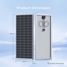 Renogy 200W solar panel dimensions 1491 x 699 x 35 mm and 12 kg weight