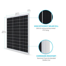 Renogy 50W monocrystalline solar panel front and rear view showing junction box and MC4 leads