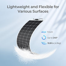 Renogy 200W flexible solar panel at 4.9 kg bending up to 240 degrees for curved surfaces