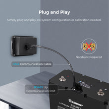 Renogy monitoring screen connected to a lithium battery by RJ45 cable, no shunt required