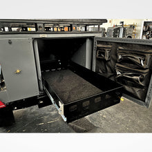Metalian Genie rear packing area with slide-out drawer on bearing slides and canvas door pockets — 4Matt Campers (view 5)