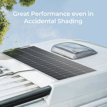 Renogy 200W flexible solar panel mounted on a caravan roof beside a roof hatch