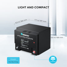 Renogy 24V 25Ah LiFePO4 battery showing compact dimensions and weight