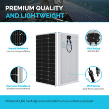 Renogy 100W panel tempered glass frame and IP65 junction box detail