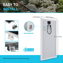 Renogy 100W solar panel dimensions 41.8 x 20.9 x 1.38 inches with pre-drilled mounting holes