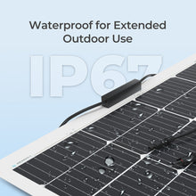 IP67 waterproof rating of the Renogy 200W flexible solar panel shown with water droplets