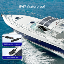 IP67 rated junction box and solar connectors on the Renogy 100W flexible solar panel