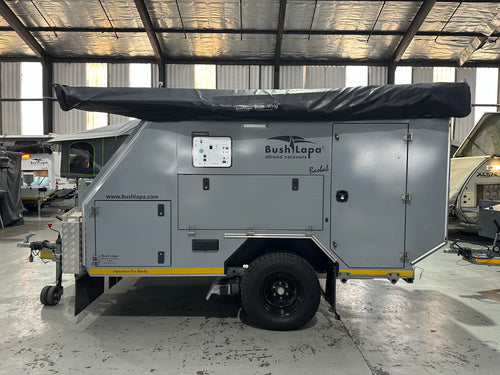2021 Bush Lapa Baobab 4: side profile in grey with the Bush Wing awning rolled up