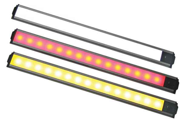 Lumeno 45 LED tri-colour 12V light bar glowing in white, red and amber