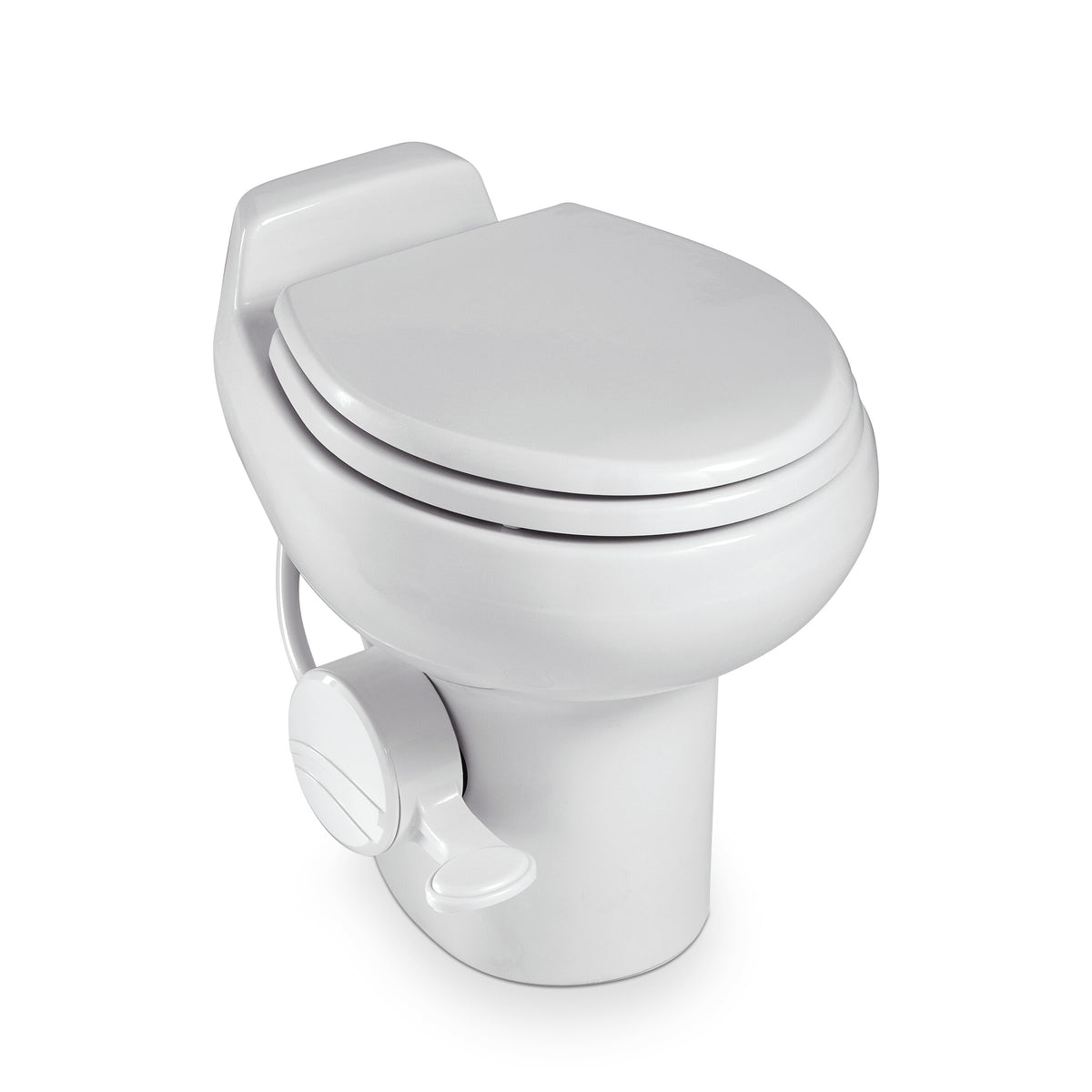 White Dometic 510 gravity-flush toilet with seat down and pedestal foot pedal — 4Matt Campers, Western Cape & Cape Town