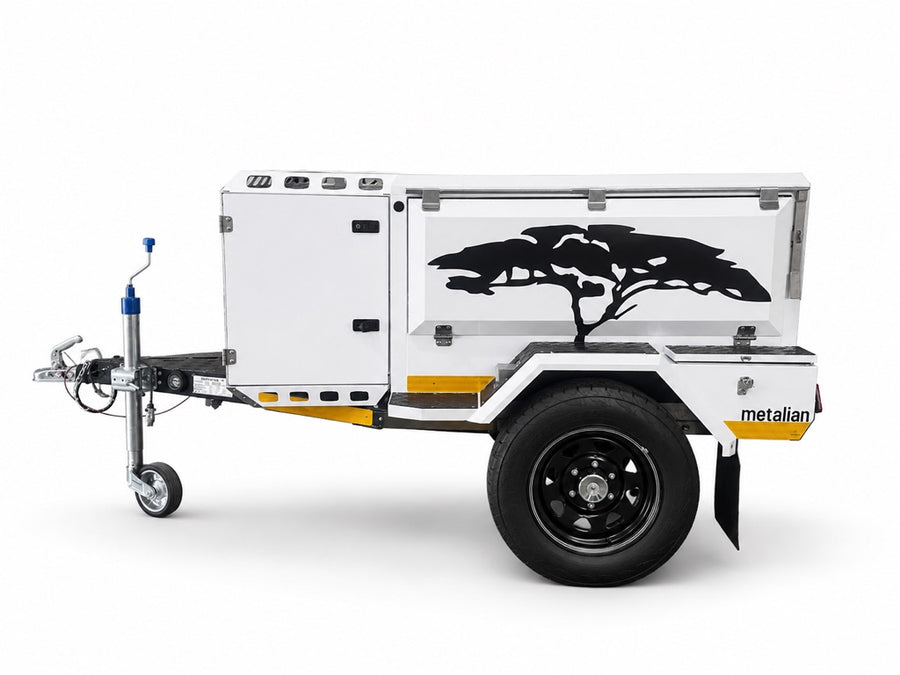 Metalian Genie compact off-road camping trailer with 3CR12 stainless-steel monocoque body, side profile — 4Matt Campers, authorised Metalian dealer, Bellville Cape Town