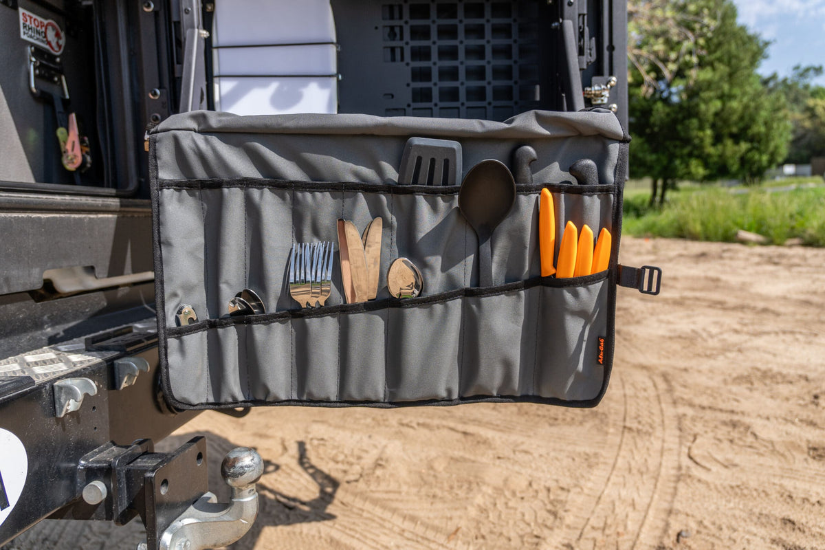 Alu-Cab Deluxe Cutlery Roll open showing cutlery slots