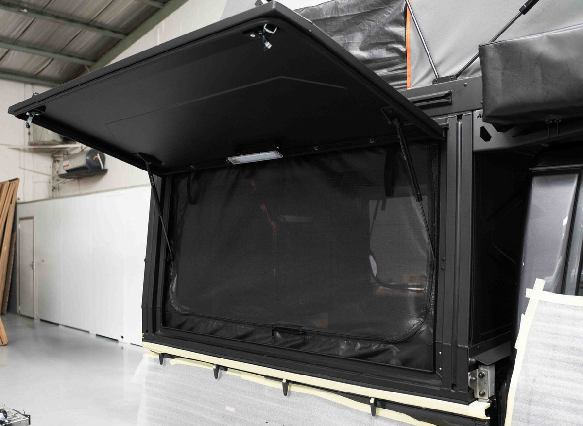 Alu-Cab full-size ModCAP side door mozzie and midge net with privacy canvas