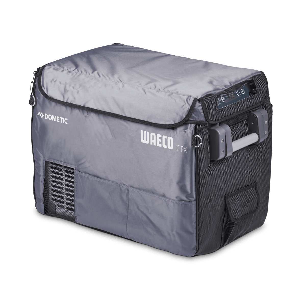 Dometic CFX28 insulated protective cover fitted over a portable fridge with control-panel cutout — 4Matt Campers, Western Cape & Cape Town