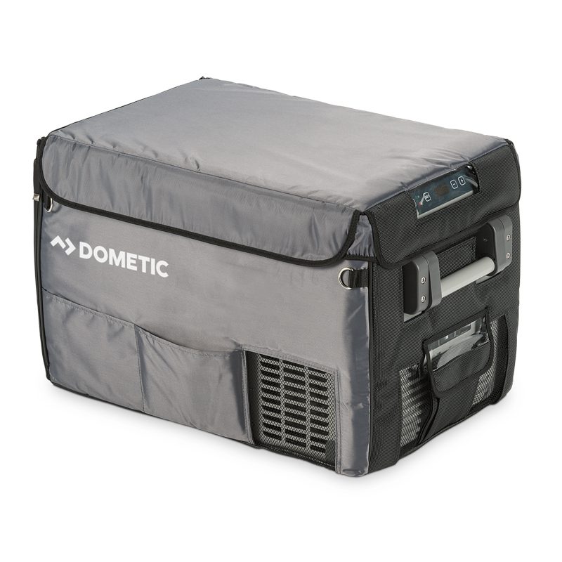 Dometic CFX35 insulated protective cover fitted over a portable fridge with control-panel cutout — 4Matt Campers, Western Cape & Cape Town