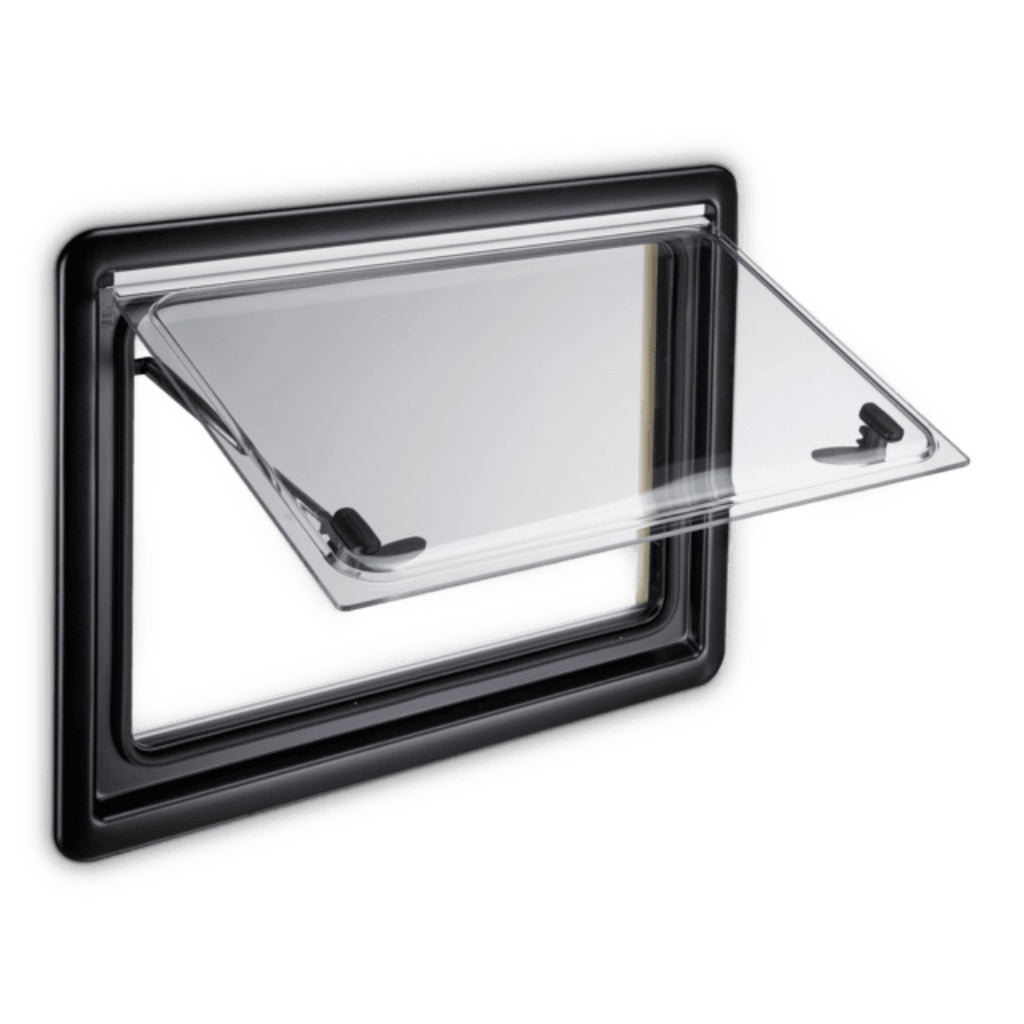 Dometic S4 600x600 hinged caravan window, closed, showing the polyurethane frame and integrated blind — 4Matt Campers, Western Cape & Cape Town