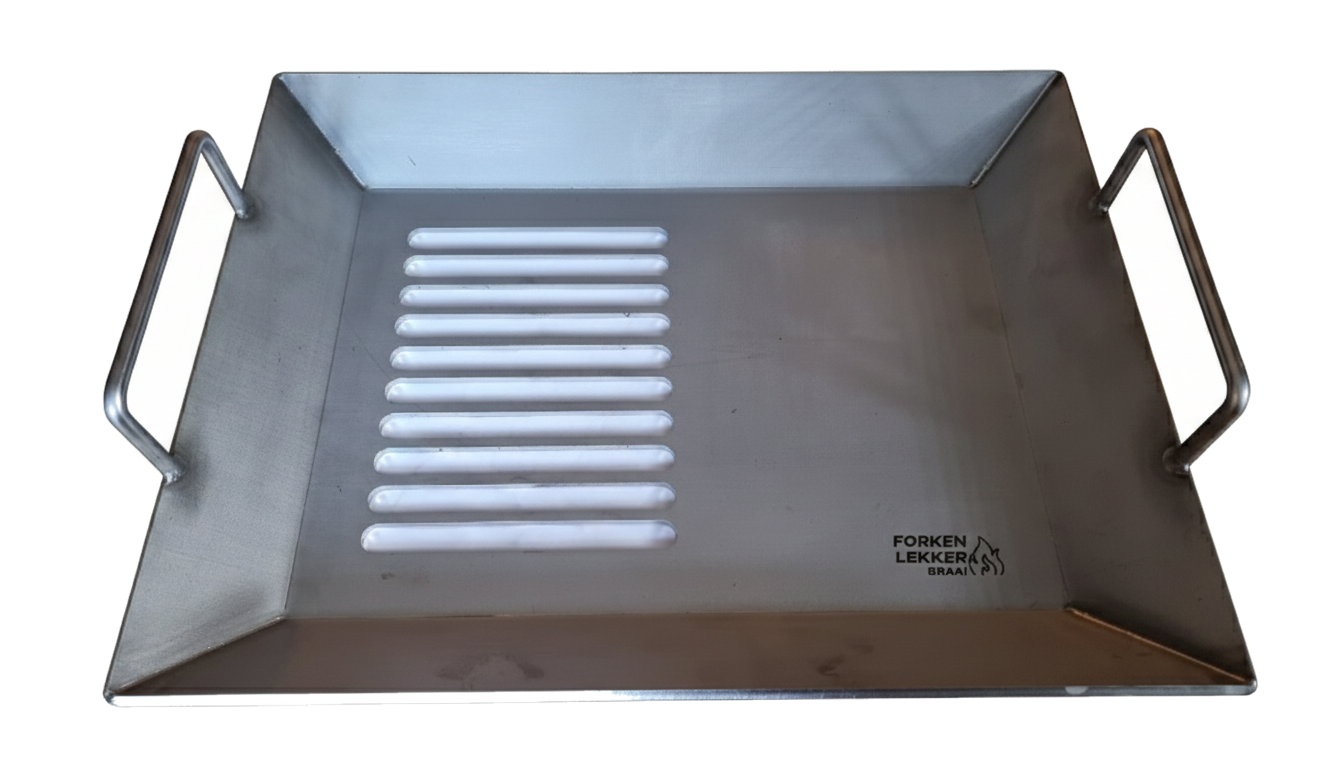 Forken Lekker Braai 4.5mm stainless steel griddle pan half grid half flat available from 4Matt Campers Cape Town