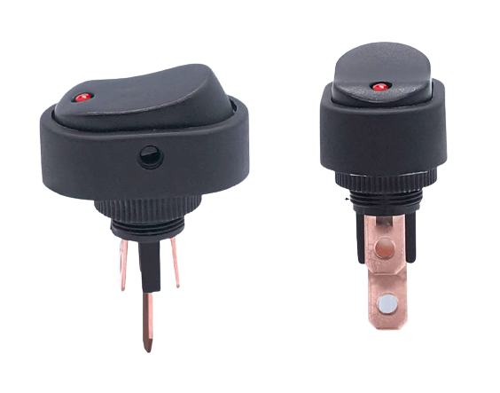 Lumeno illuminated 30A rocker switch for 12V/24V circuits that lights up when on