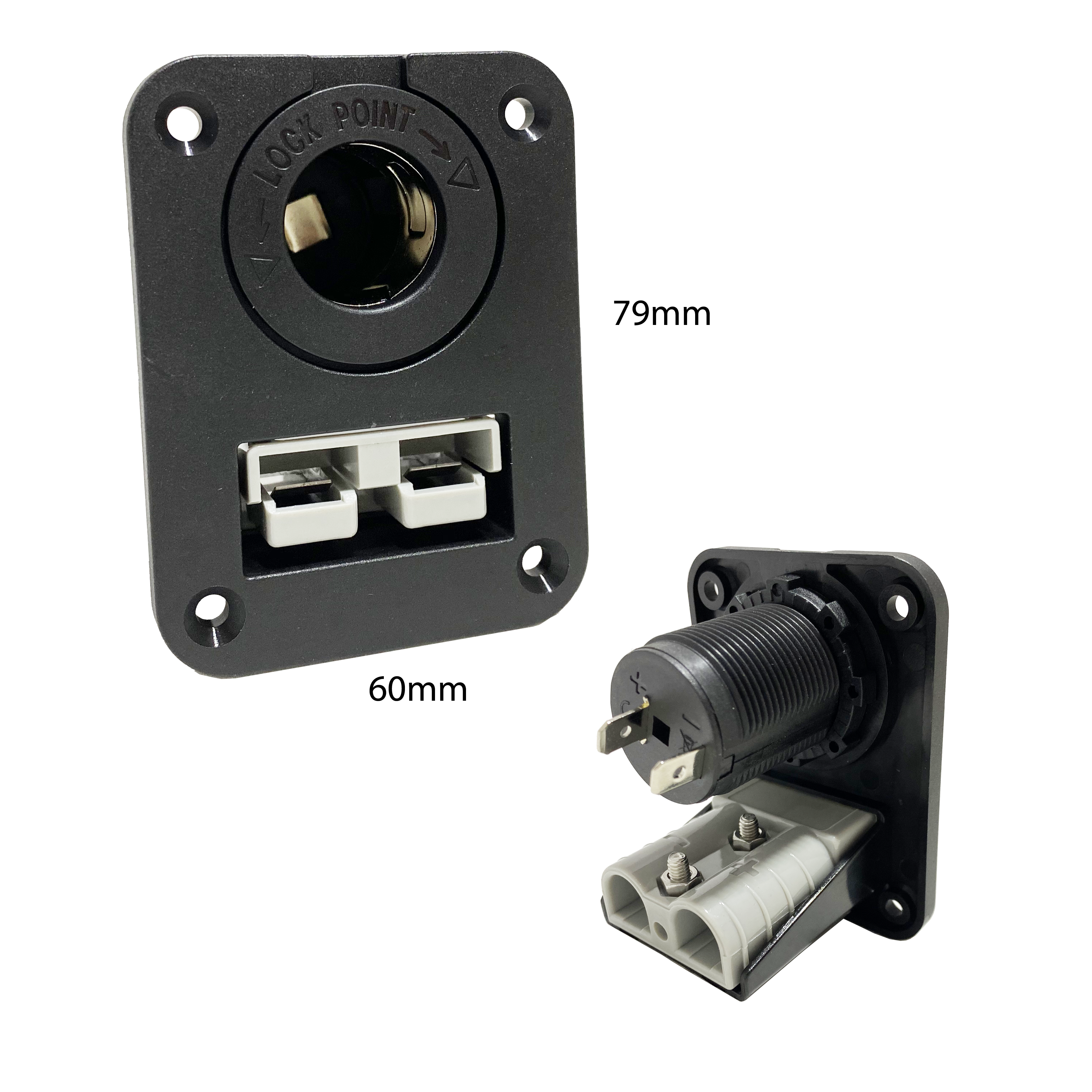 Lumeno square connector panel with 50A grey square connector and 12V cigarette lighter socket