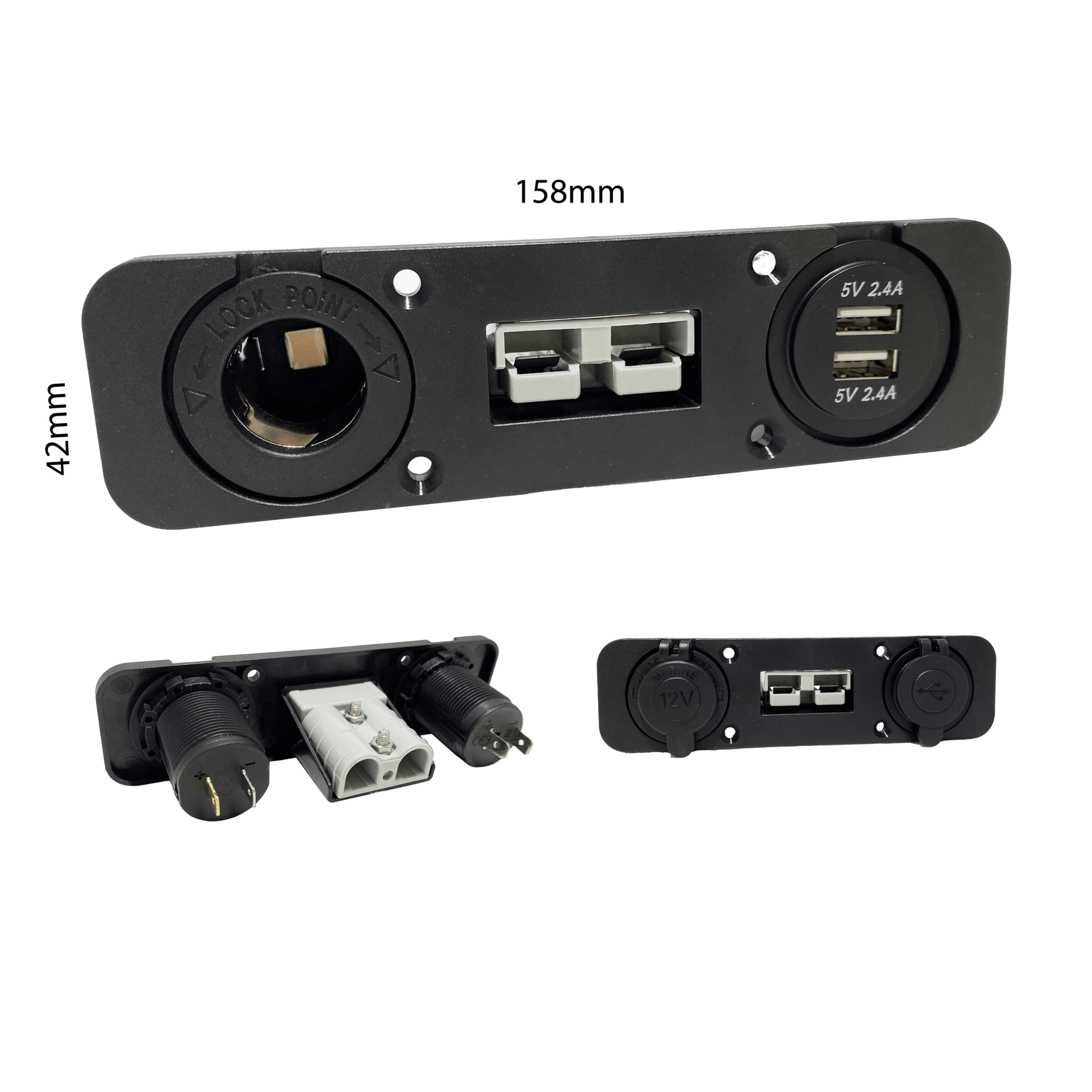 Lumeno square connector panel with 50A plug, 12V cigarette socket and dual USB ports