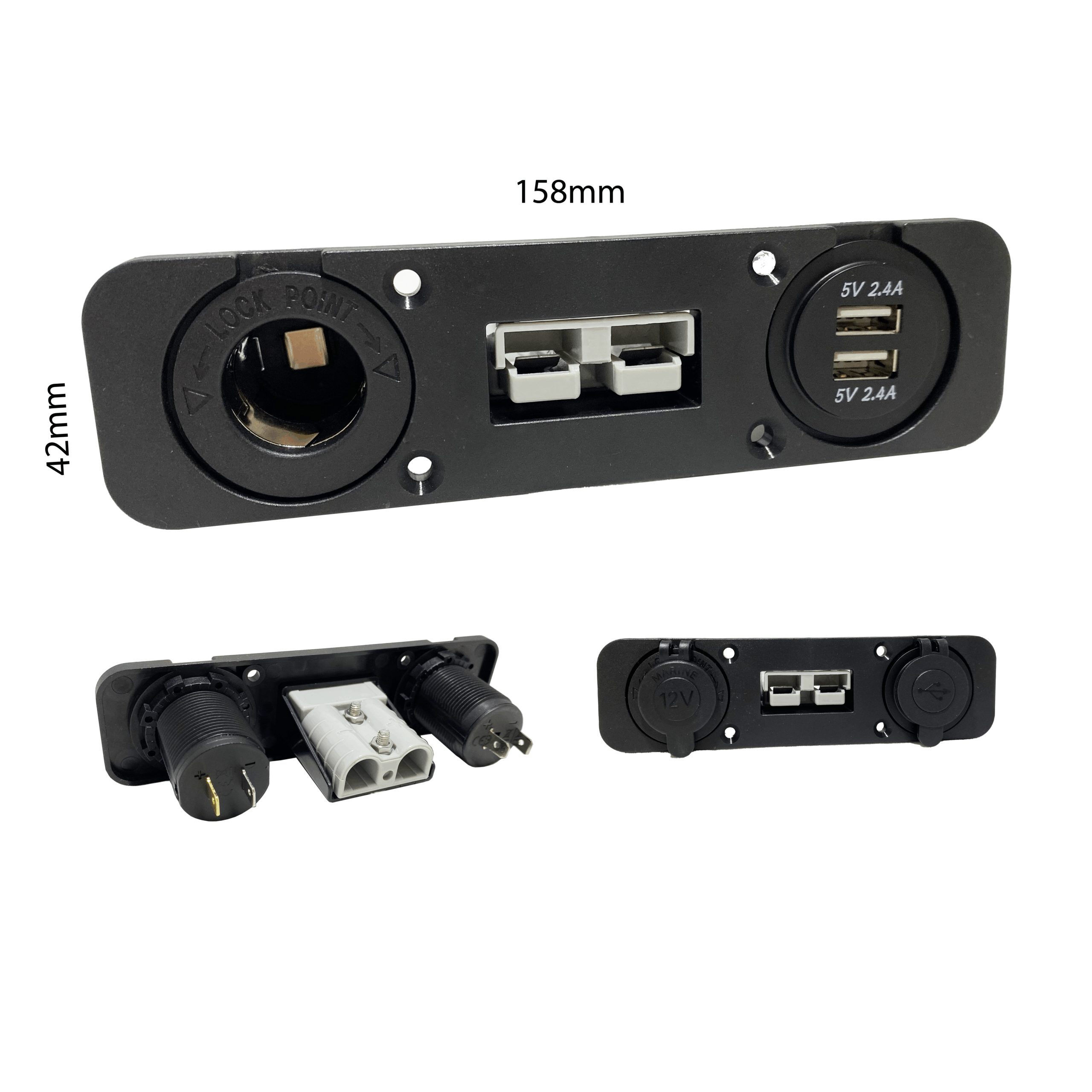 Lumeno square connector panel with 50A plug, 12V cigarette socket and dual USB ports