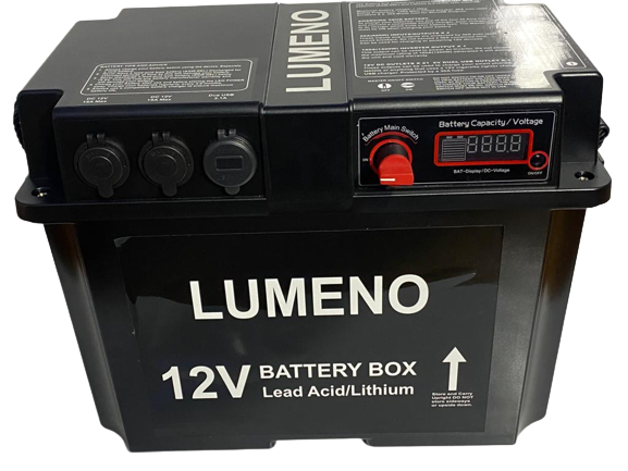 Lumeno 12V portable battery box with USB, cigarette sockets and Anderson ports