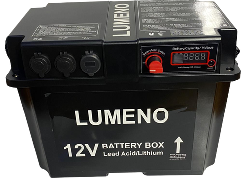 Lumeno 12V portable battery box with USB, cigarette sockets and Anderson ports