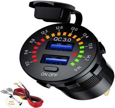 Lumeno dual QC3 USB charger with voltmeter display and on/off switch for 12V