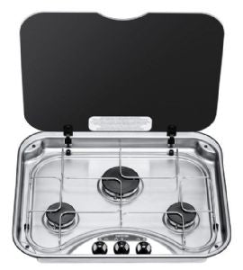 Thetford Basic Line 345 three-burner stainless gas hob with glass lid