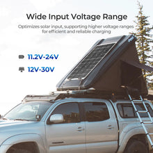 Renogy 40A DC-DC MPPT charger wide solar input voltage range shown on a rooftop tent vehicle