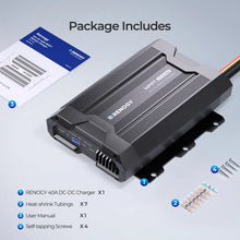 Renogy 40A DC-DC MPPT charger package contents including heat shrink tubing, manual and mounting screws