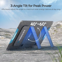 Three angle adjustable kickstands from 40 to 60 degrees on the Renogy 100W portable solar panel