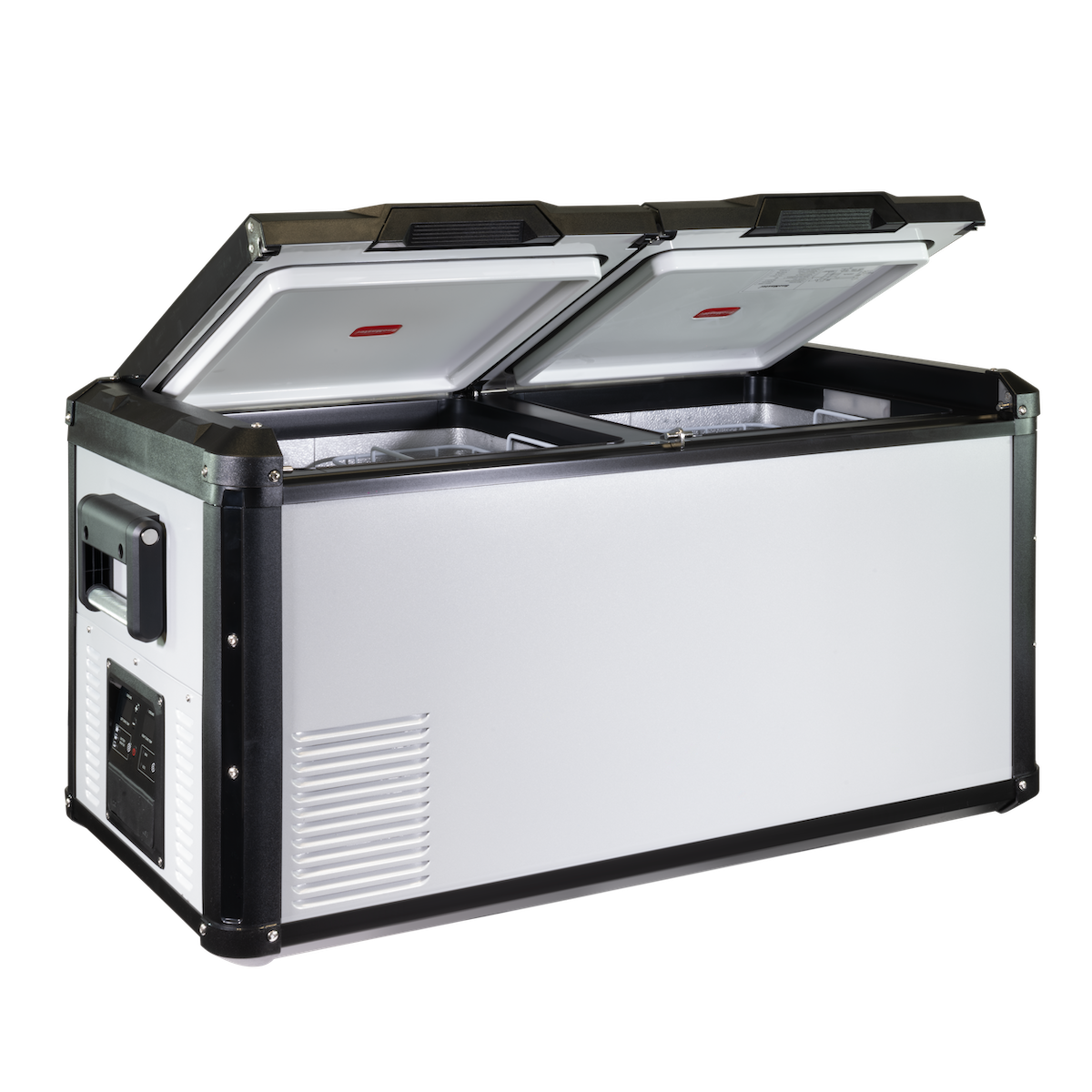 SnoMaster SMRV-90D 90L dual compartment fridge/freezer in silver with black trim
