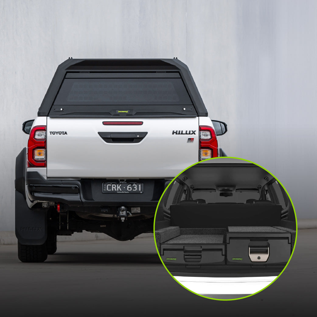 Ironman 4x4 RAID Full Glass canopy and Mixed Height LHS drawer combo for the Toyota Hilux Revo (2016-2026)