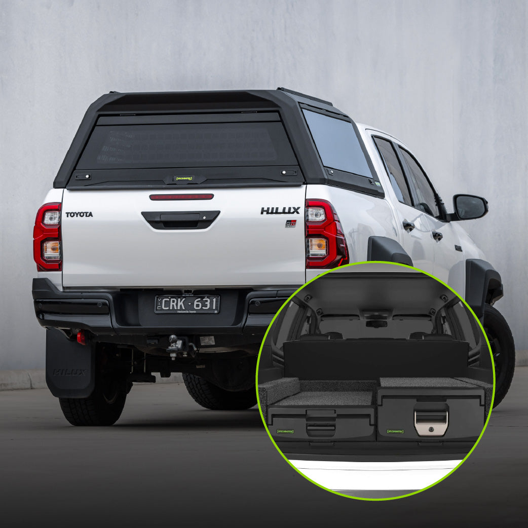 Ironman 4x4 RAID Hybrid canopy and Mixed Height LHS drawer combo for the Toyota Hilux Revo (2016-2026)