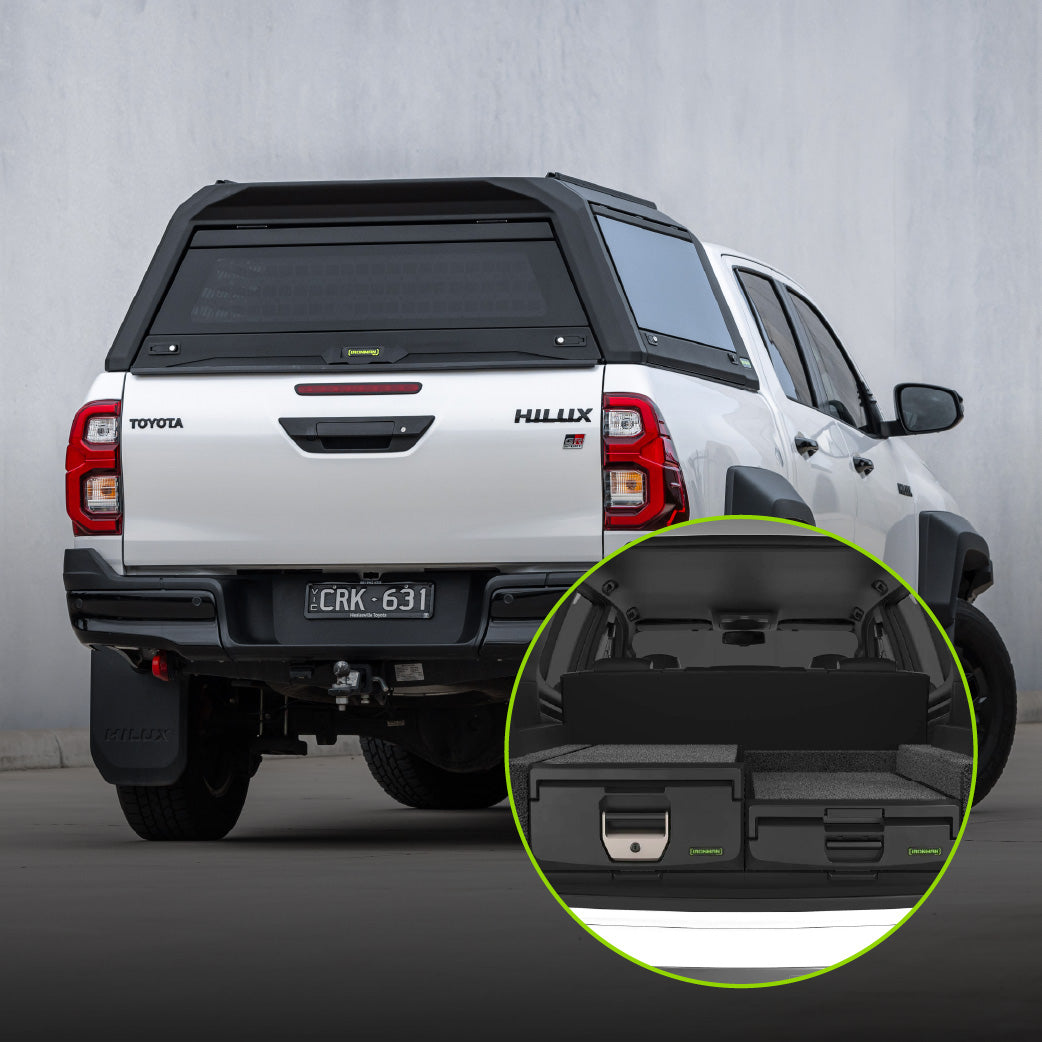 Ironman 4x4 RAID Hybrid canopy and Mixed Height RHS drawer combo for the Toyota Hilux Revo (2016-2026)