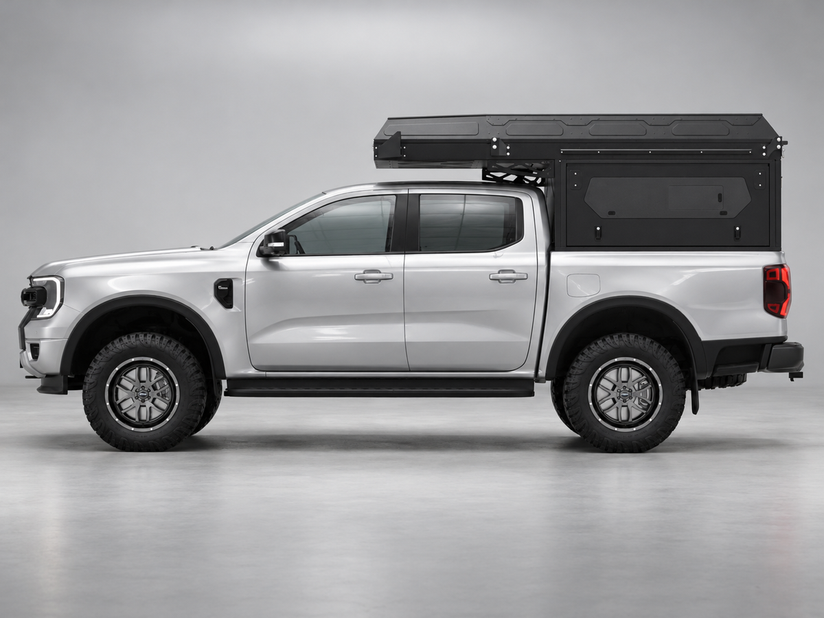 Alu-Cab ModCAP with 2-sleeper Camper Tent on a Ford Ranger double cab (glass side windows shown)