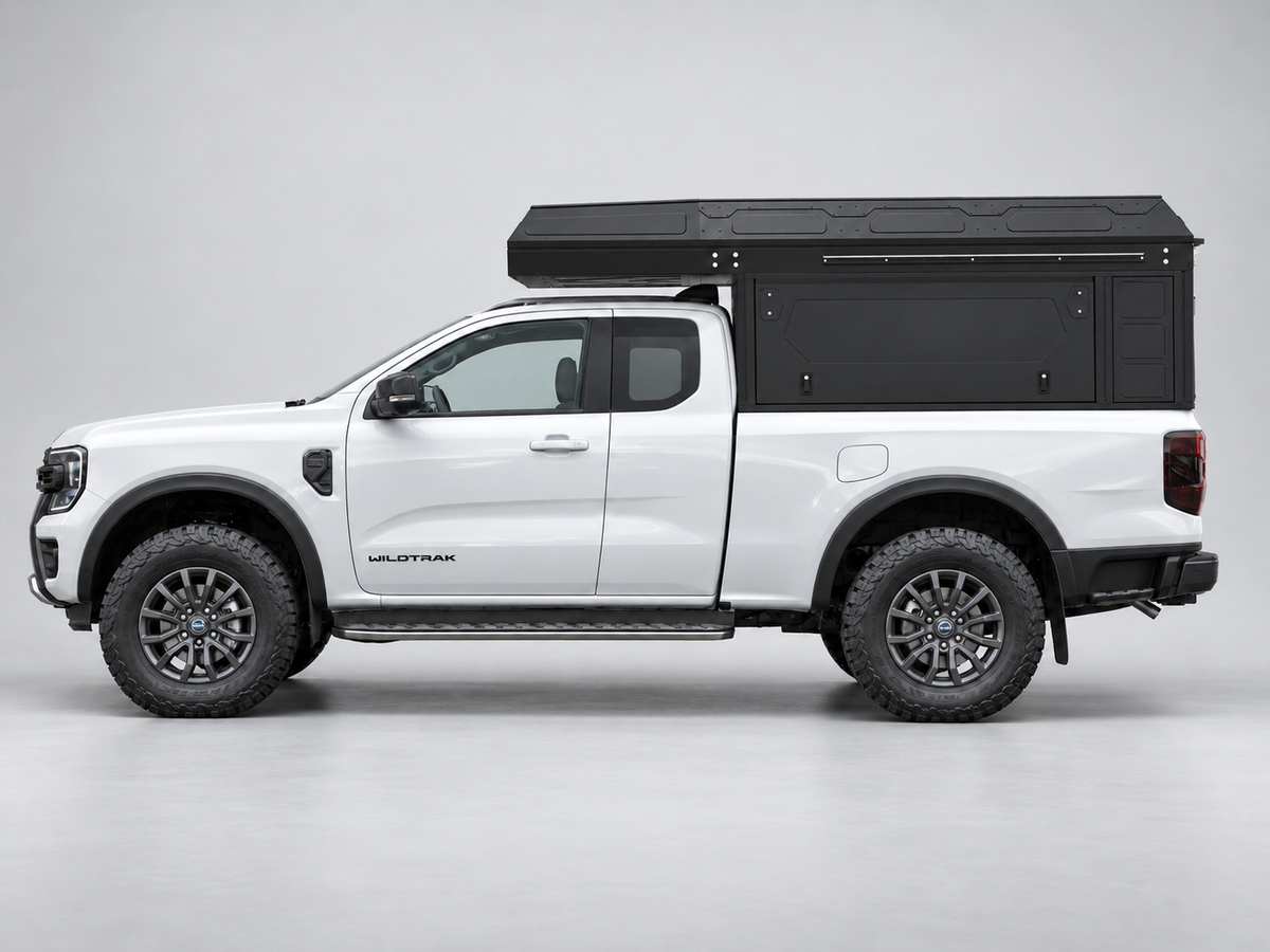 Alu-Cab ModCAP with 2-sleeper Camper Tent on a Ford Ranger extra cab, side view