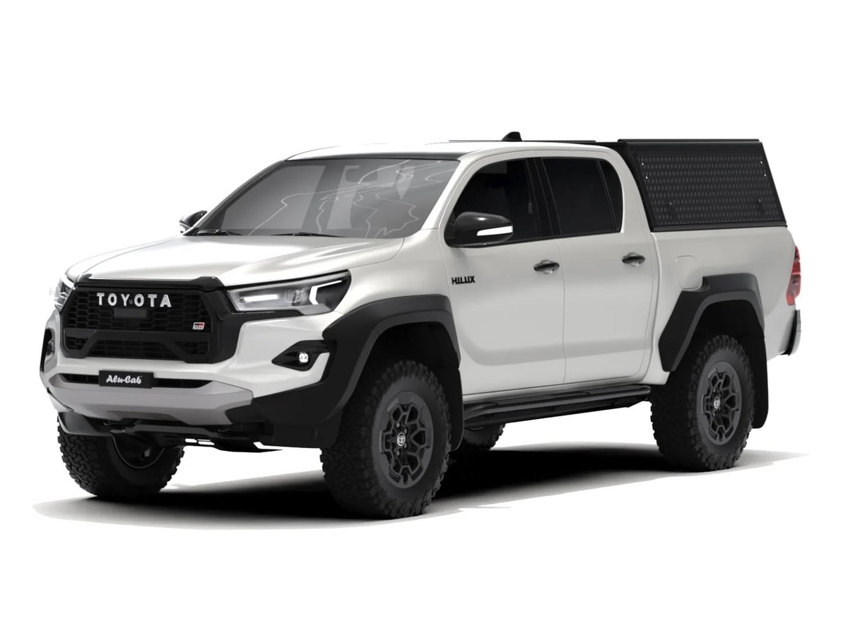 Alu-Cab Guard Canopy, Black Tread Plate, on Toyota Hilux Revo double cab