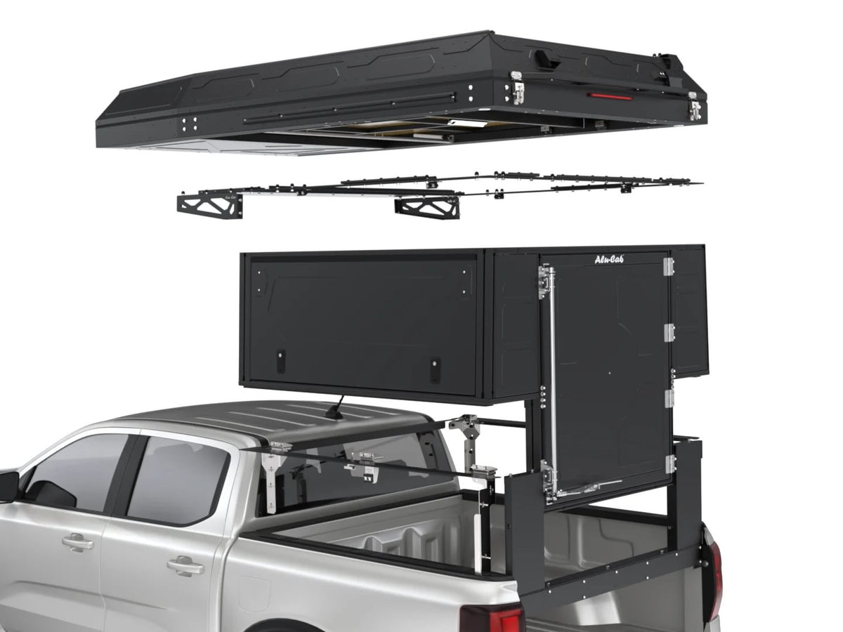 Alu-Cab ModCAP Camper tent filler and mount for double cab, exploded view showing the mounting rails between tent and base