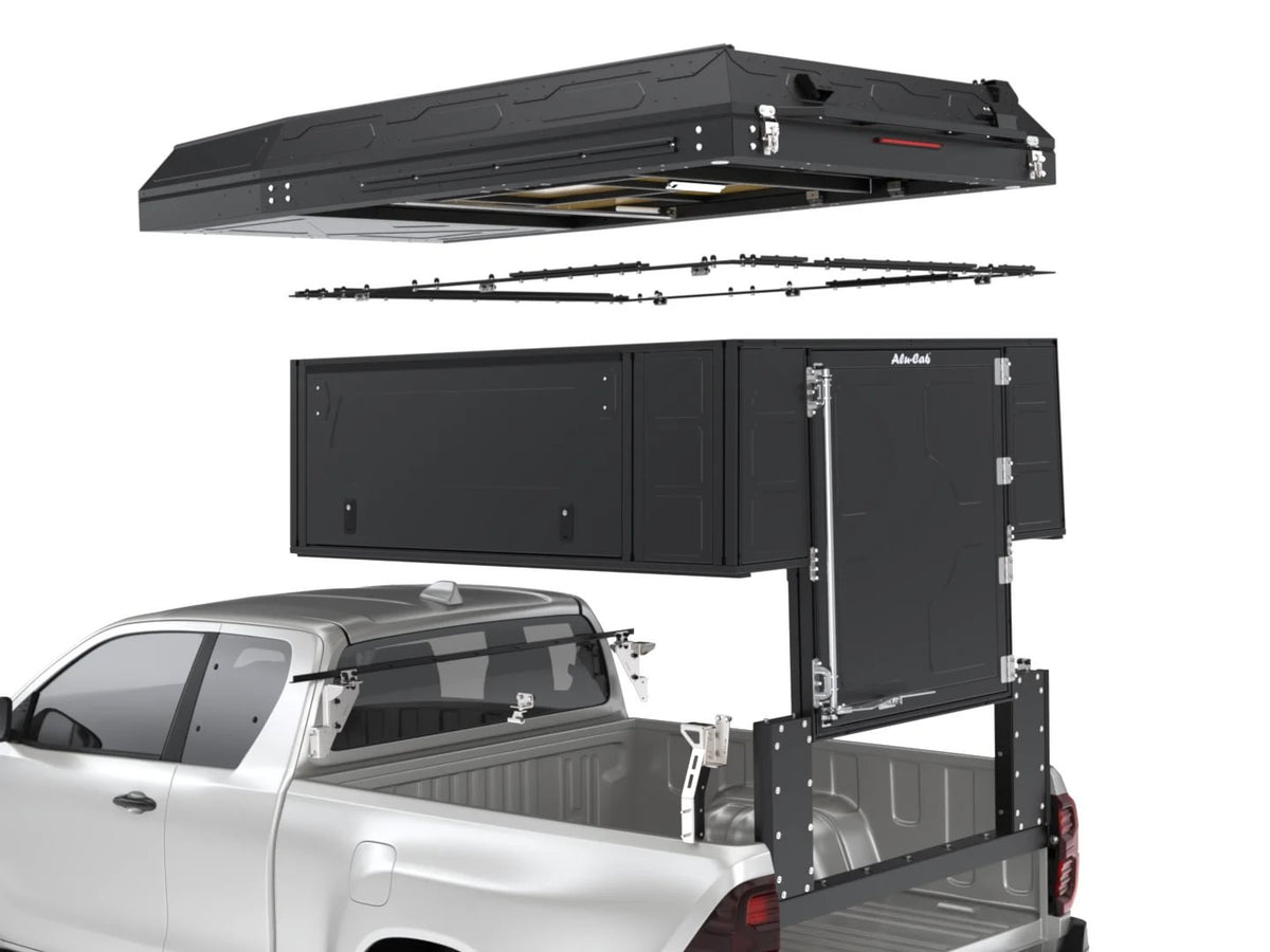 Alu-Cab ModCAP Camper tent filler and mount for extra cab, exploded view showing the mounting rails between tent and base