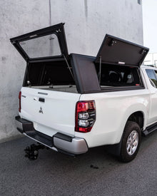 Alu-Cab Explorer Canopy Extra Cab with rear and side doors open, Mitsubishi Triton
