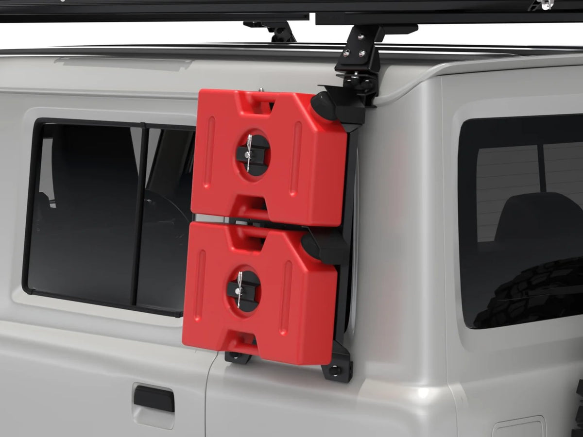 Two Alu-Cab Jimny 5L red fuel jerry cans on the exterior molle panel, render