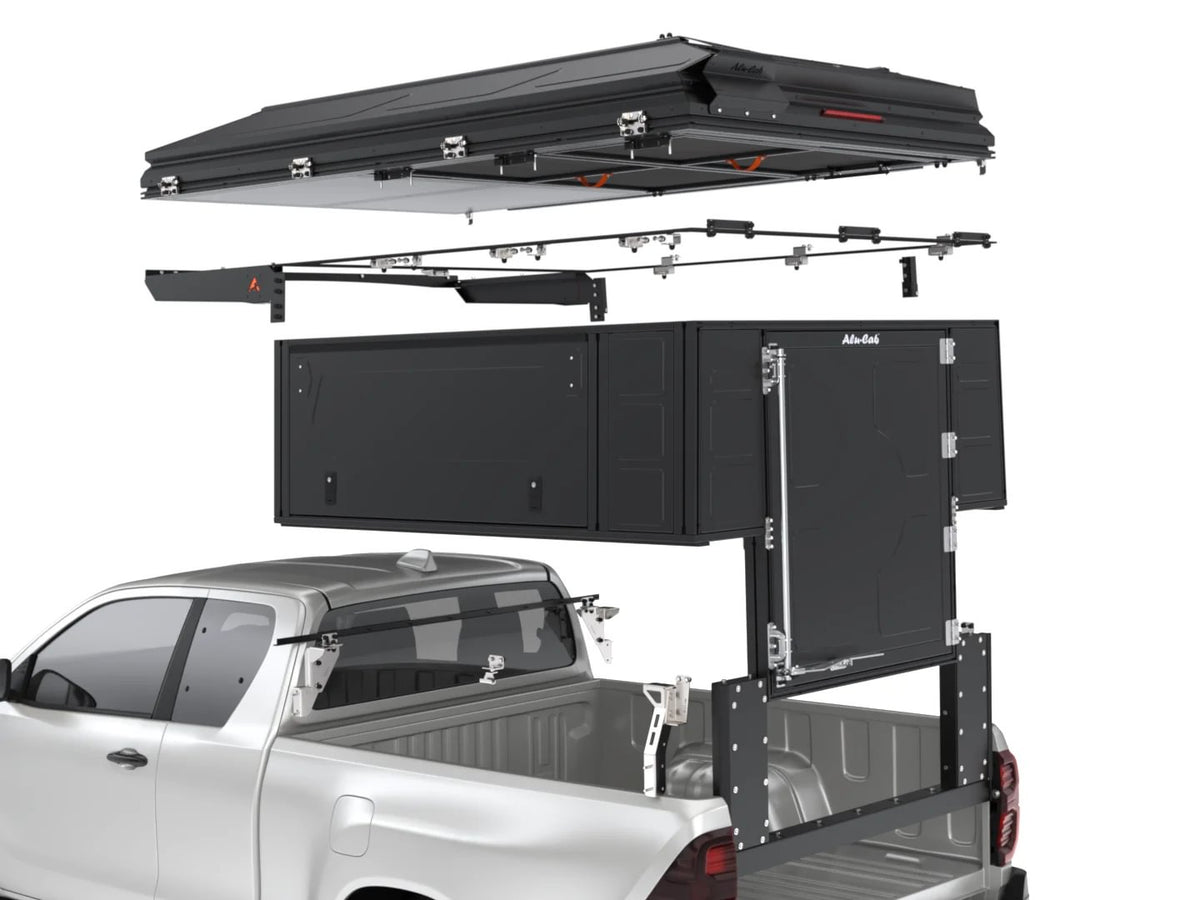 Alu-Cab ModCAP Family tent mounting kit for extra cab, exploded view showing the mounting frame between tent and base