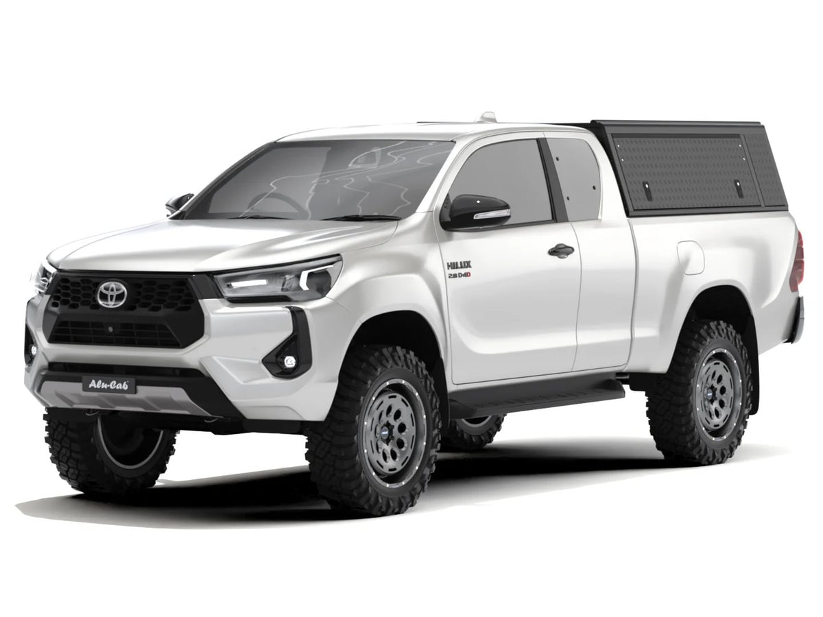 Alu-Cab Guard Canopy, Black Tread Plate, on Toyota Hilux Revo Xtra Cab