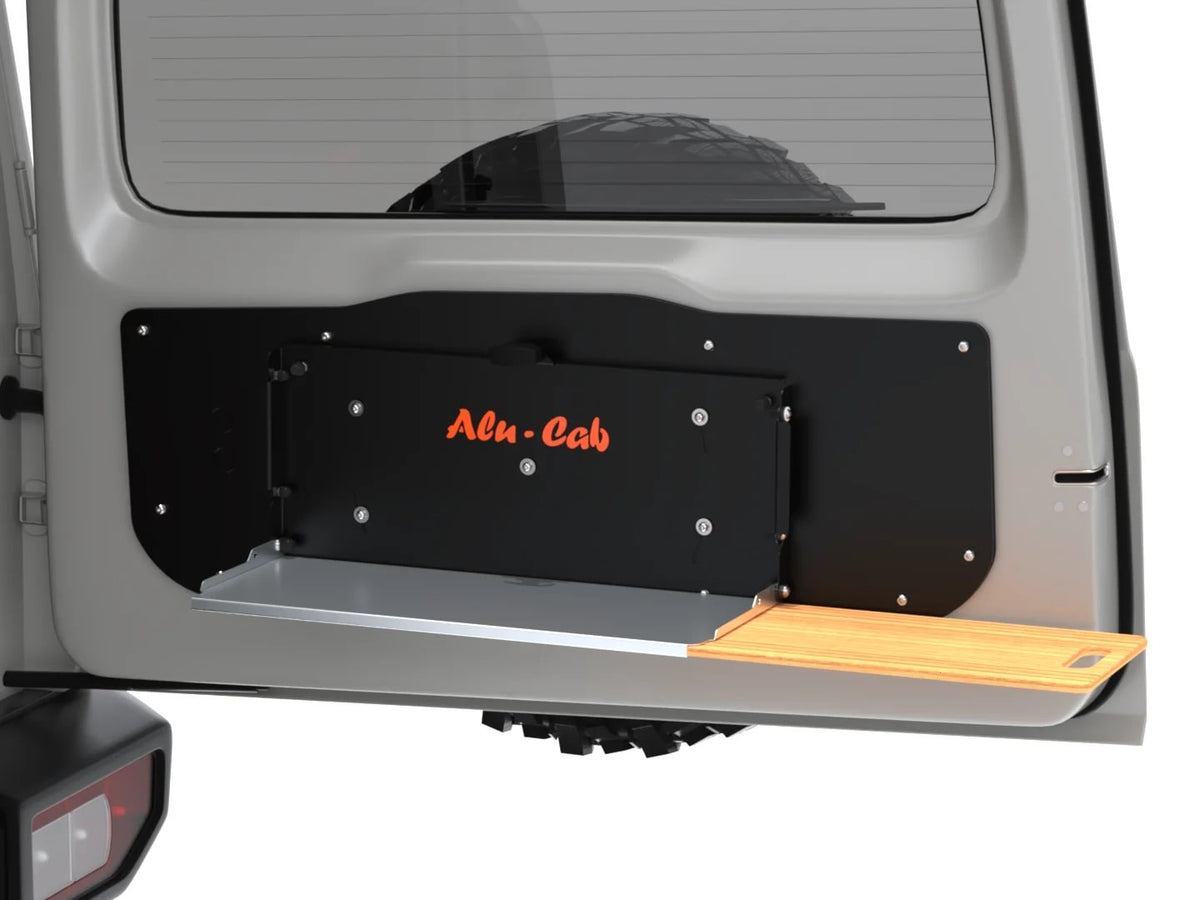 Alu-Cab Jimny Rear Door Drop-Down Table folded open on the rear door, render