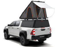 Alu-Cab LT-50 rooftop tent open, rear three-quarter render