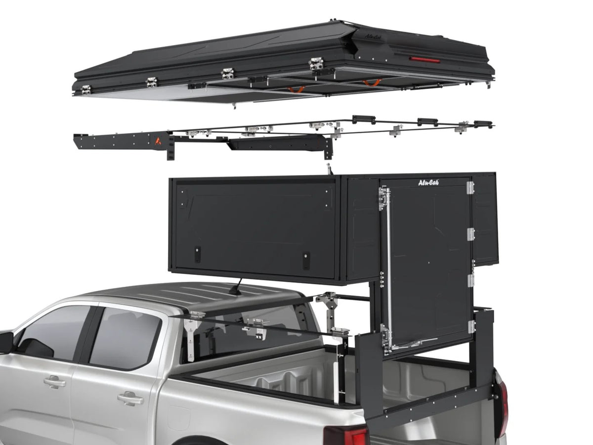 Alu-Cab ModCAP Family tent mounting kit for double cab, exploded view showing the mounting frame between tent and base