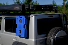 Alu-Cab Jimny 10L blue water jerry can fitted on a Jimny, rear three-quarter view