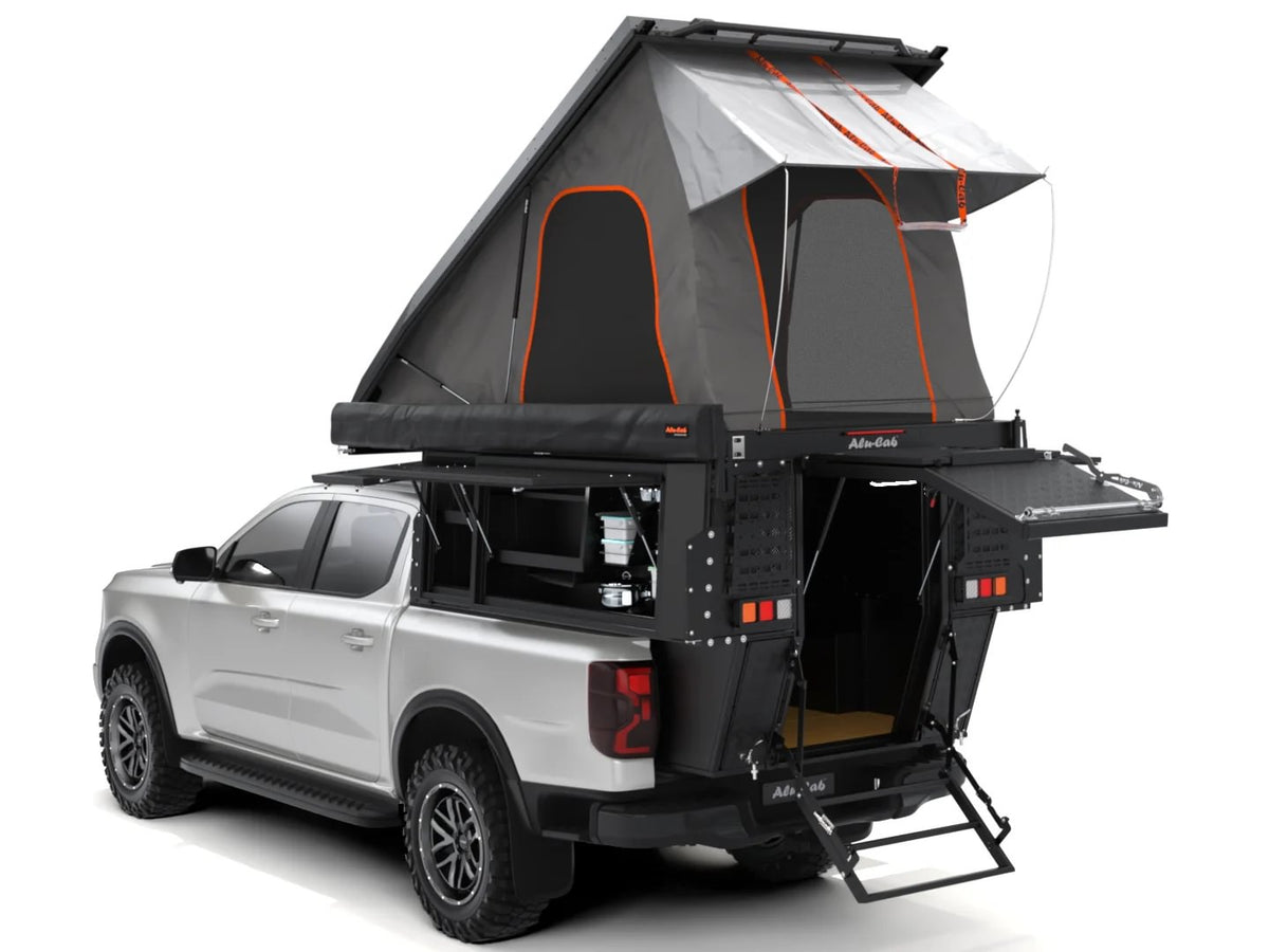 Alu-Cab Khaya camper with tent, kitchen and rear door open on a mid-size double cab